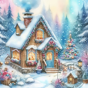 Clipart chalet de Noël 10 maisons de Noël Clip Art aquarelle chalet enneigé Clipart Bundle carte de Noël imprimable en téléchargement numérique neige