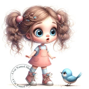 Imágenes prediseñadas de niña peculiar y un pájaro, 10 archivos JPG de alta calidad, lindas imágenes prediseñadas de niña caprichosa, arte infantil, descarga digital, arte imprimible