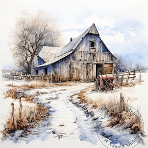 May include: Watercolor painting of a weathered blue barn in a snowy landscape. A dirt path leads to the barn, with a rusty red piece of farm equipment nearby. Bare trees and a wooden fence complete the rural scene.