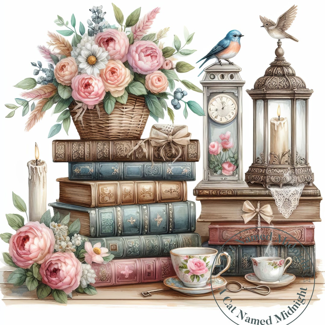 Shabby Chic Books Clipart 10 Images Watercolor Book Lover Clip Art ...