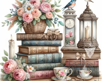 Shabby Chic Books Clipart 10 immagini Acquerello Book Lover Clip Art Acquerello Clipart Bundle Libri antichi vintage Download digitale Art
