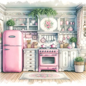 May include: A pink vintage kitchen with a pink refrigerator, a pink stove, and white cabinets. The kitchen has a floral rug, a floral wallpaper, and a floral design on the stove.