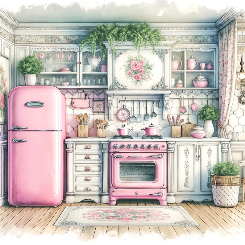 May include: A pink vintage kitchen with a pink refrigerator, a pink stove, and white cabinets. The kitchen has a floral rug, a floral wallpaper, and a floral design on the stove.