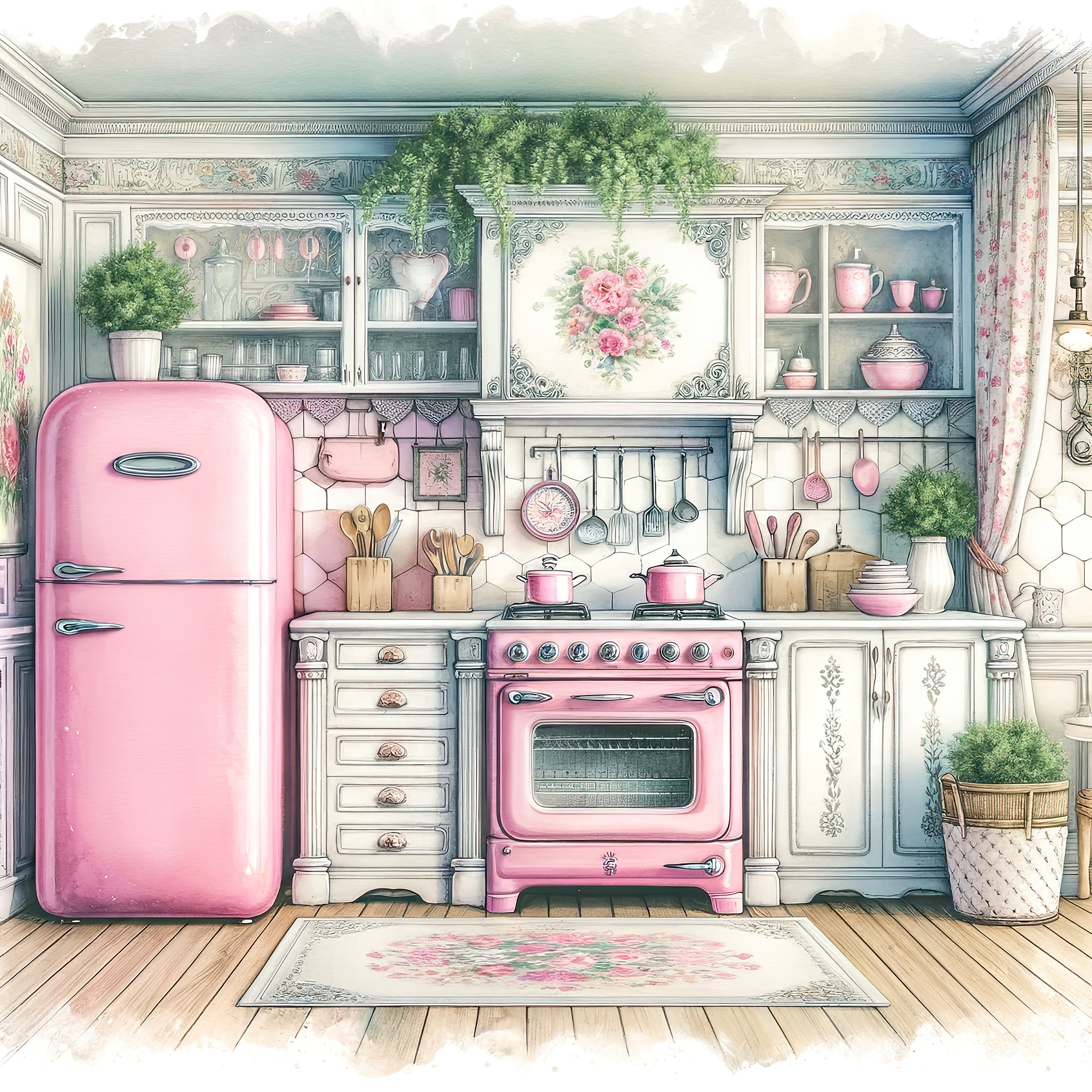 Watercolor Shabby Chic Retro Kitchen Clipart Pink Kitchen Vintage Clip ...