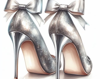 Watercolor High Heels Clipart Bundle Silver High Heels Clip Art Womens Shoe Images Wedding Bride Prom Quinceanera Downloadable Printable