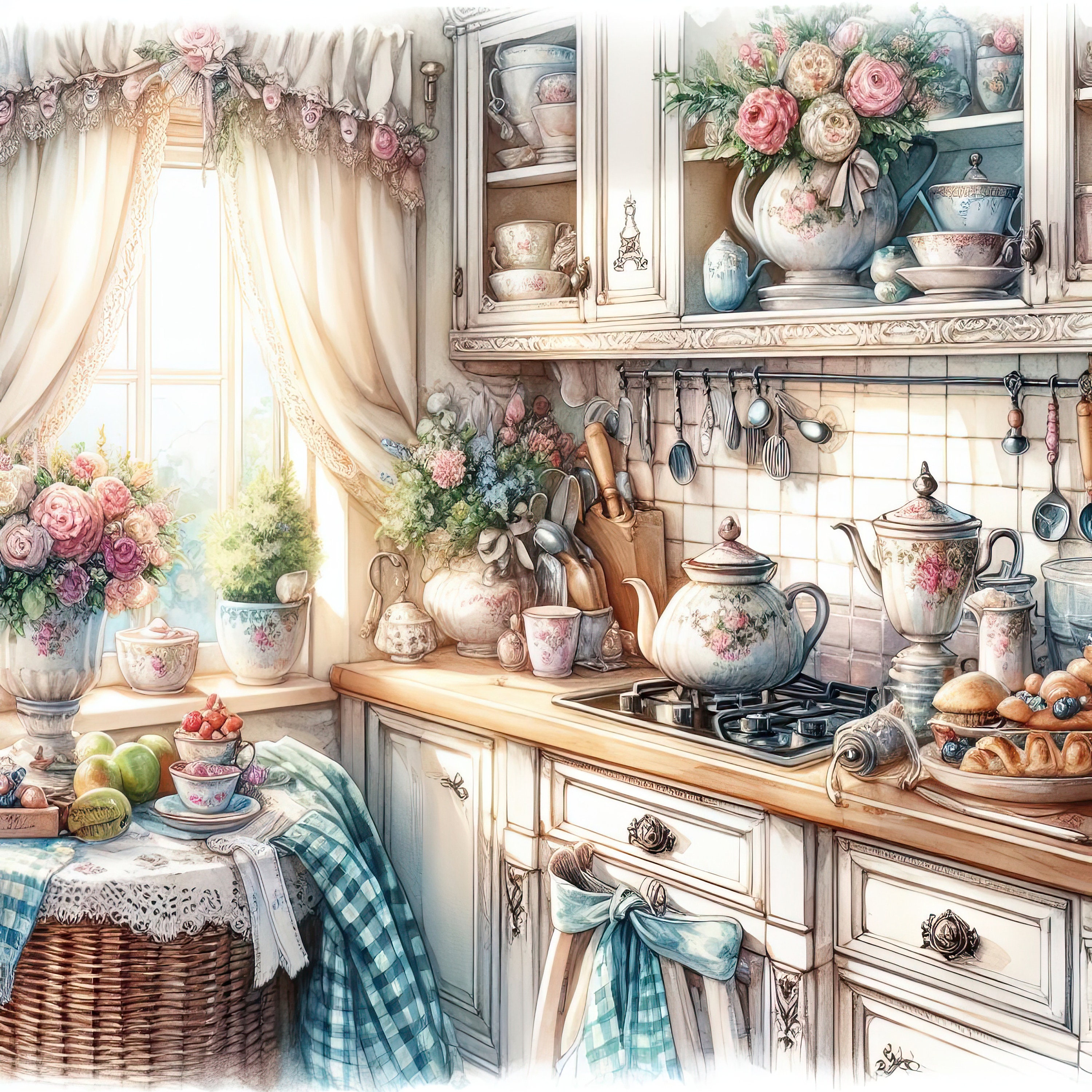 Watercolor Shabby Chic Kitchen Clipart Cottage Kitchen Counters Vintage ...