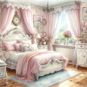 May include: A white, ornate bed frame with a pink and white bedding set. The bed is in a bedroom with pink and white striped wallpaper, lace curtains, and a floral arrangement on a side table.