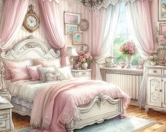Watercolor Shabby Chic Bedroom Clipart Vintage Clip Art Watercolor Clipart Bundle Digital Download Printable Wall Art Cottagecore