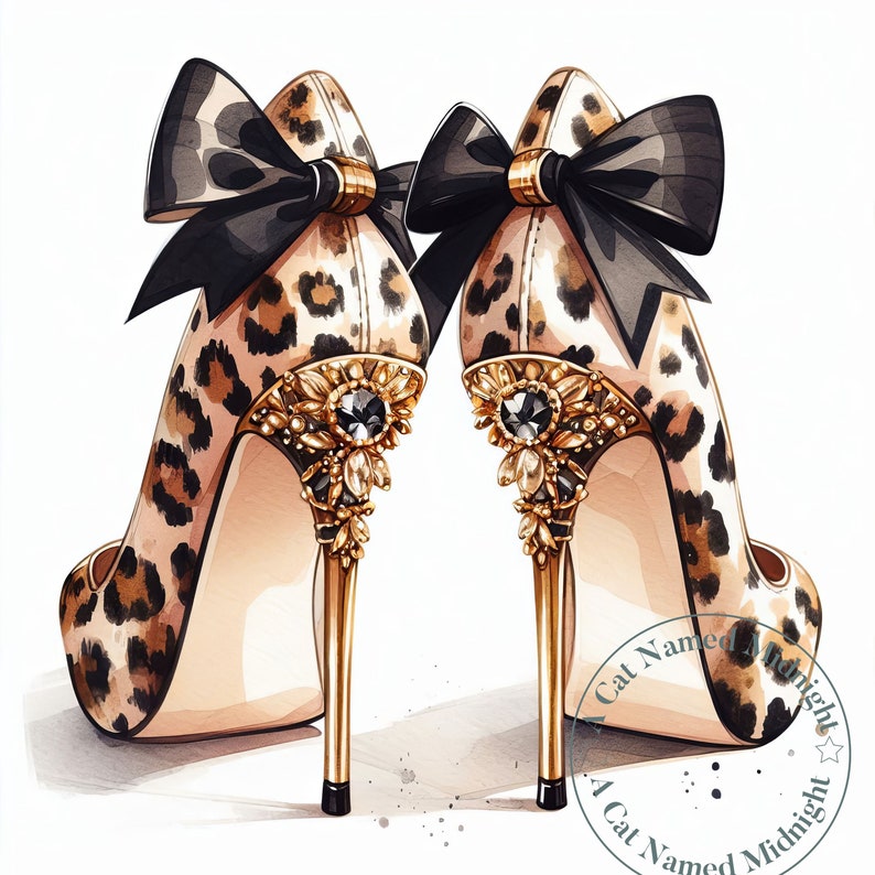 May include: A pair of high-heeled shoes with leopard print fabric and black bows. The shoes have gold embellishments and a statement heel.