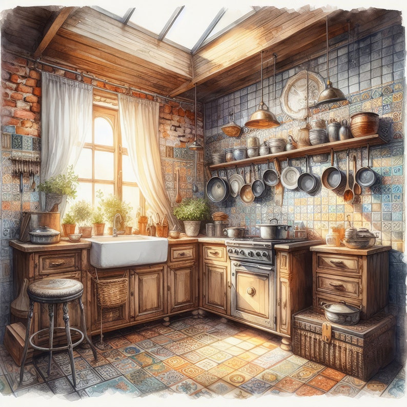 May include: A rustic kitchen with wooden cabinets, a farmhouse sink, and a vintage stove. The kitchen features a skylight, a window with a view of greenery, and a collection of copper pots and pans hanging above the stove.