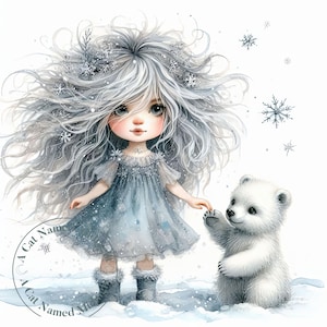 13 eigenzinnig meisje zilveren sneeuwprinses en haar baby ijsbeer clipart grillige aquarel clip art kerstafbeeldingen kwekerij digitale download