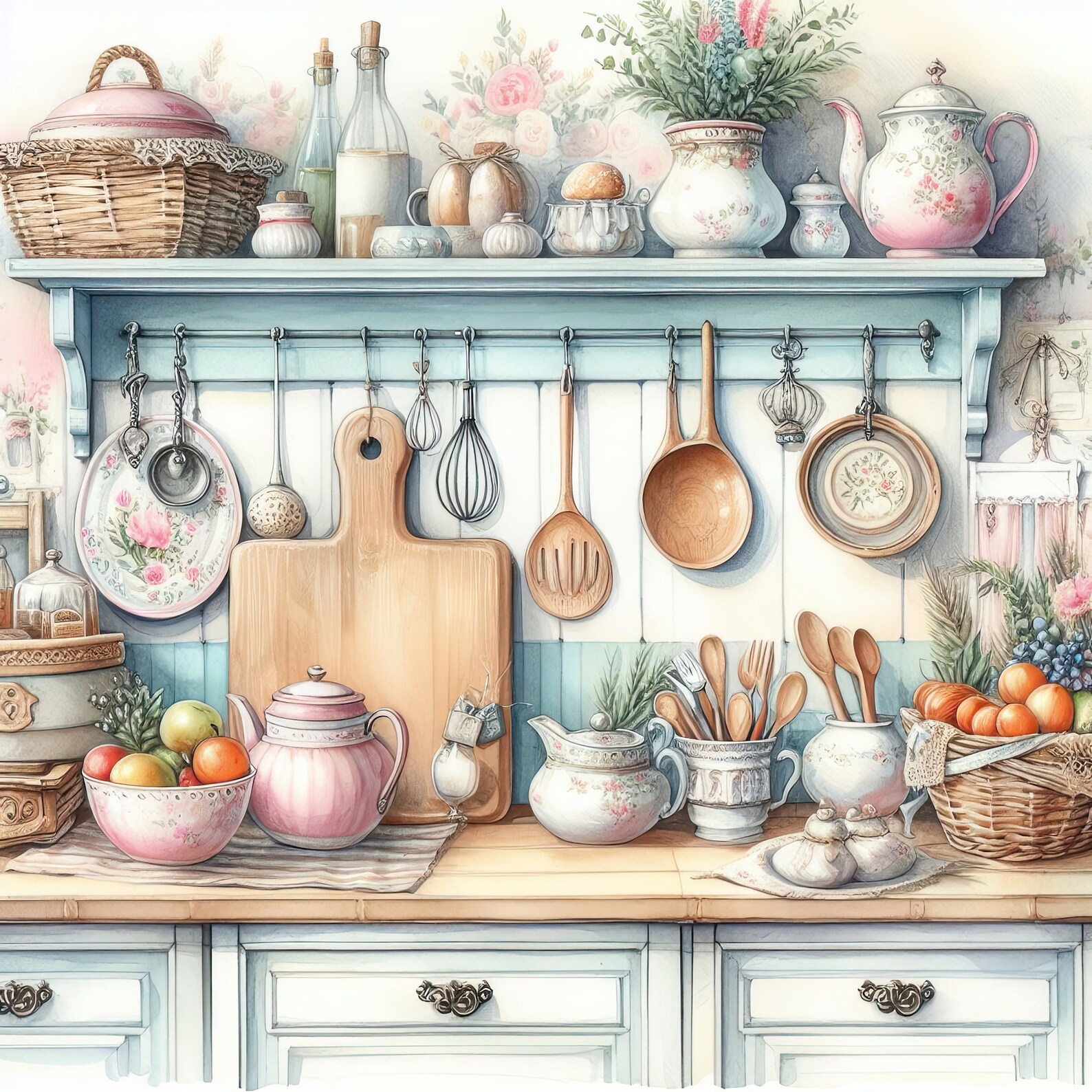 Watercolor Shabby Chic Kitchen Clipart Kitchen Counters Vintage Clip ...