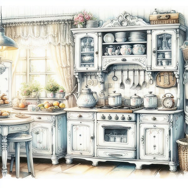 Watercolor Shabby Chic Kitchen Clipart French Kitchen Vintage Clip Art Watercolor Clipart Bundle Digital Download Printable Wall Art