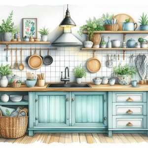 May include: A watercolour illustration of a kitchen with light blue cabinets, a farmhouse sink, and a wood countertop. The kitchen features a black pendant light, a white range hood, and a variety of plants and kitchenware.