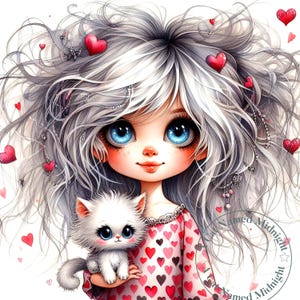 Jolie fille tenant un chaton avec des coeurs Clipart 14 JPG aquarelle Images de la Saint-Valentin en téléchargement numérique imprimable