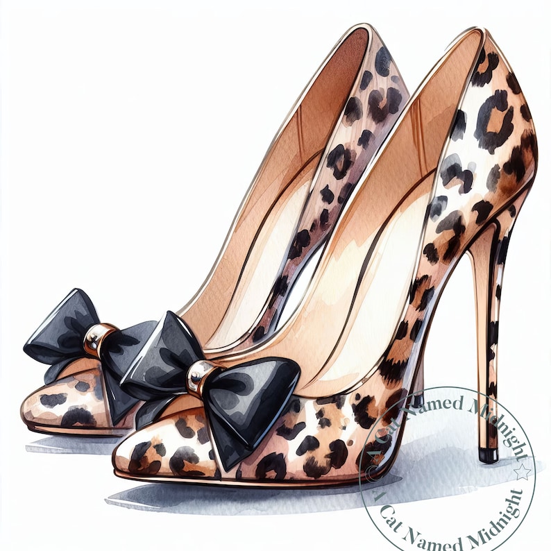 May include: A pair of high-heeled shoes with a leopard print design and a black bow. The shoes are made of a satin-like material and have a pointed toe.