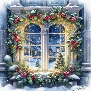 12 cliparts de fenêtres de Noël, décoration vintage de fenêtres Clip Art Bundle en téléchargement numérique, kit de cartes d'art mural imprimable en téléchargement