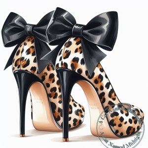 May include: A pair of high-heeled shoes with a leopard print design and black satin bows. The shoes have a pointed toe and a stiletto heel.