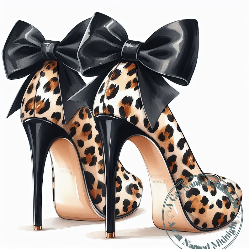 May include: A pair of high-heeled shoes with a leopard print design and black satin bows. The shoes have a pointed toe and a stiletto heel.