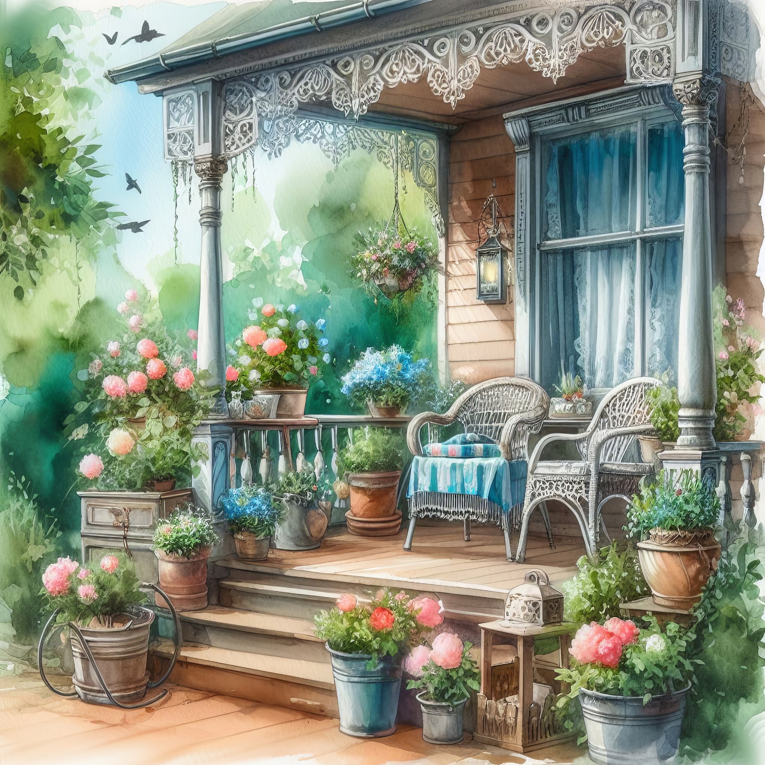 Watercolor Shabby Chic Porch Clipart Vintage Clip Art Watercolor ...