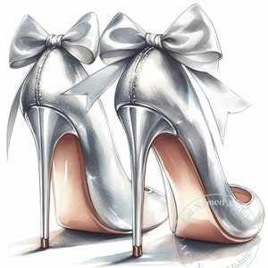 Silver High Heels Clipart Bundle Watercolor High Heels Clip Art Womens Shoe Images Wedding Bride Prom Quinceanera Downloadable Printable