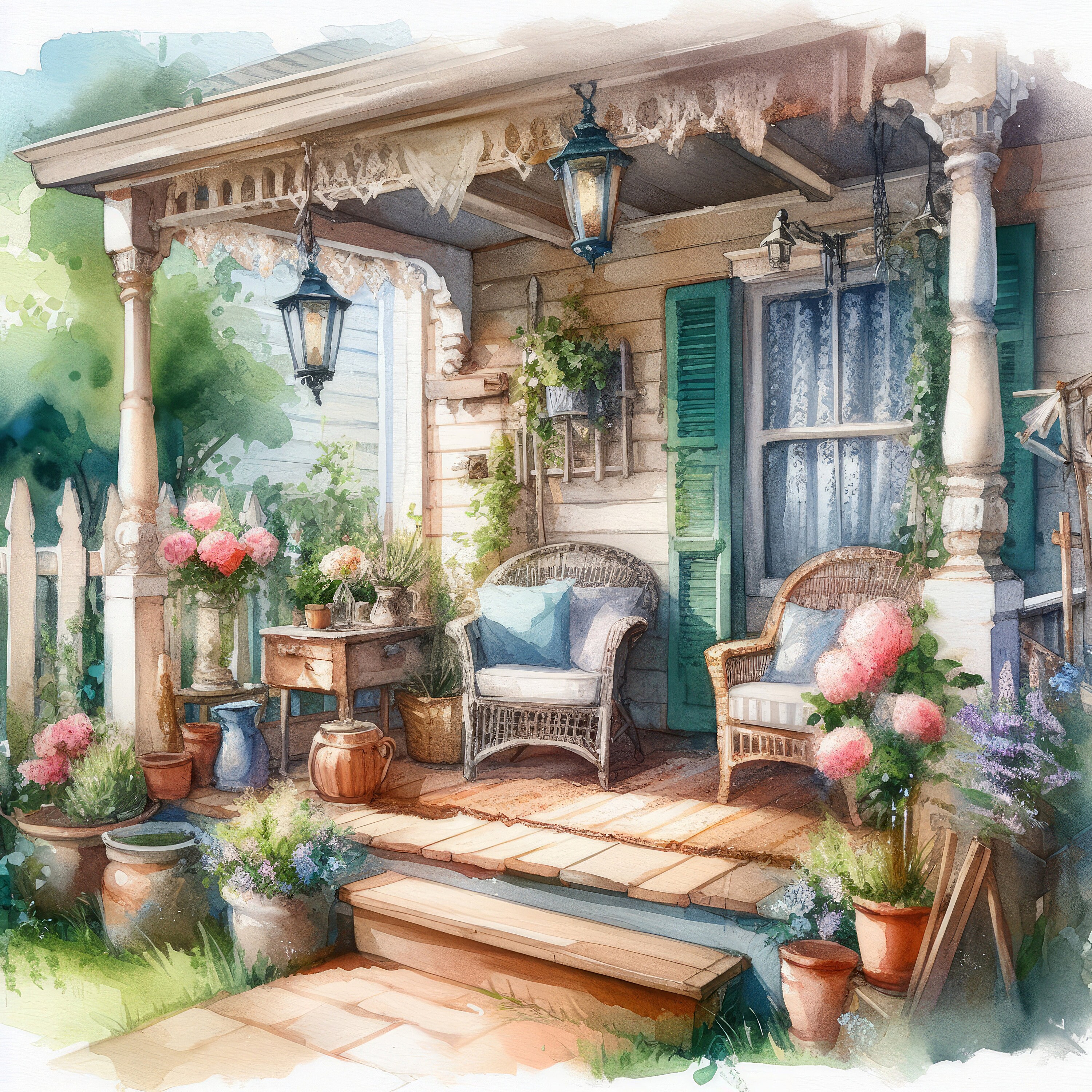 Watercolor Porch Clipart Vintage Shabby Chic Back Porch Clip Art ...