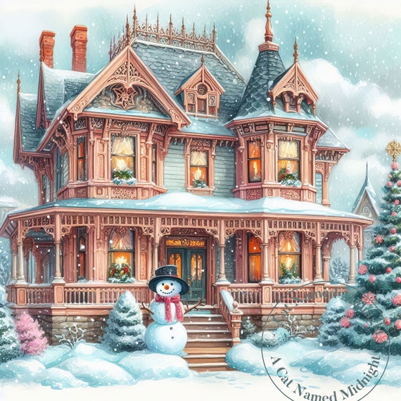 ビクトリア朝のクリスマスハウスと雪だるまのクリップアート 9 つの