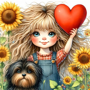 Cute Farm Girl with a Red Heart in a Field of Sunflowers Clipart 10 JPGs Valentine Clip Art Quirky Girl Images Digital Download Printable