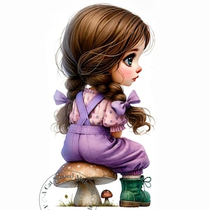 Cute Whimsical Girl Sitting on a Mushroom Clipart 15 High Quality JPGs Quirky Girl Clip Art Images Digital Download Printable Wall Art