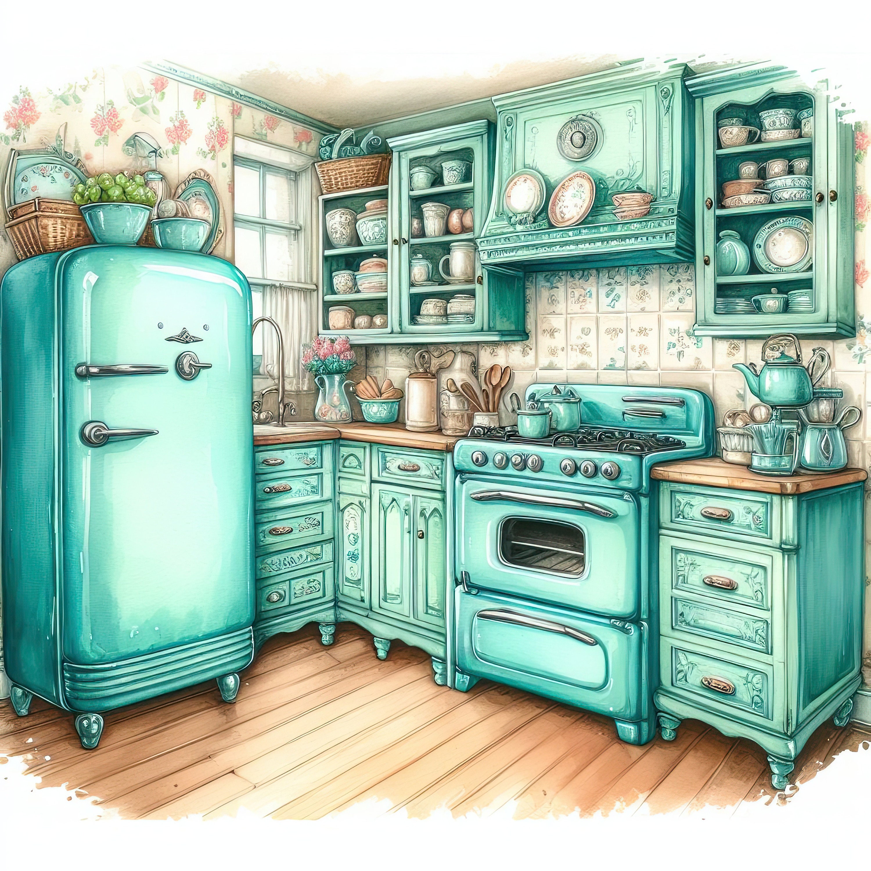 Watercolor Shabby Chic Kitchen Clipart Turquoise Kitchen Vintage Clip ...