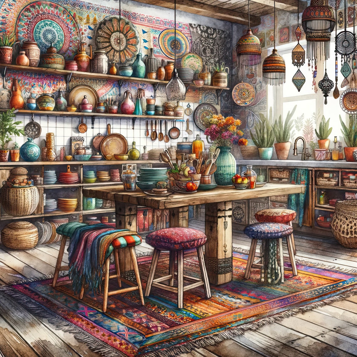 Watercolor Boho Kitchen Clipart Kitchen Vintage Clip Art Watercolor ...