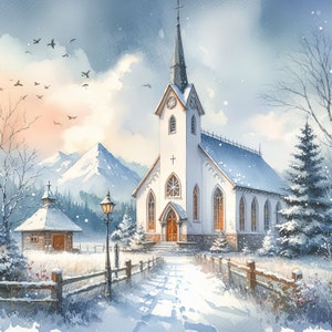 10 winter land kerk clipart bundel aquarel vintage clip art kerstkaart kerk afbeeldingen downloadbare ongewenste dagboek plakboek