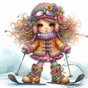 Quirky Girl Snow Skier Clipart 10 Whimsical Watercolor Clip Art Christmas Images Nursery Art Bundle Digital Download Printable Wall Art