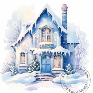 Snowy Pastel Christmas Cottage Clipart 12 JPG Xmas Houses Clip Art Bundle Digital Download Printable Christmas Card Snow Scene