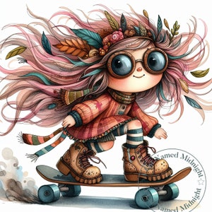 Quirky Girl Skateboarder Clipart 12 JPG Set 2 Whimsical Watercolor Clip Art Skateboarding Images Girl's Room Art Digital Download Printable