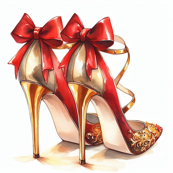 Watercolor High Heels Clipart Bundle Gold and Red High Heels Clip Art Womens Shoe Images Prom Quinceanera Downloadable Printable Etsy