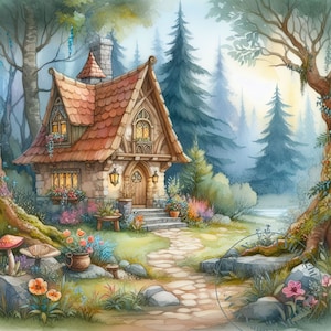Whimsical Cottages Clipart Bundle 12 Fairy Tale Cottages Watercolor House Clip Art Images Downloadable Printable Wall Art Scrapbook