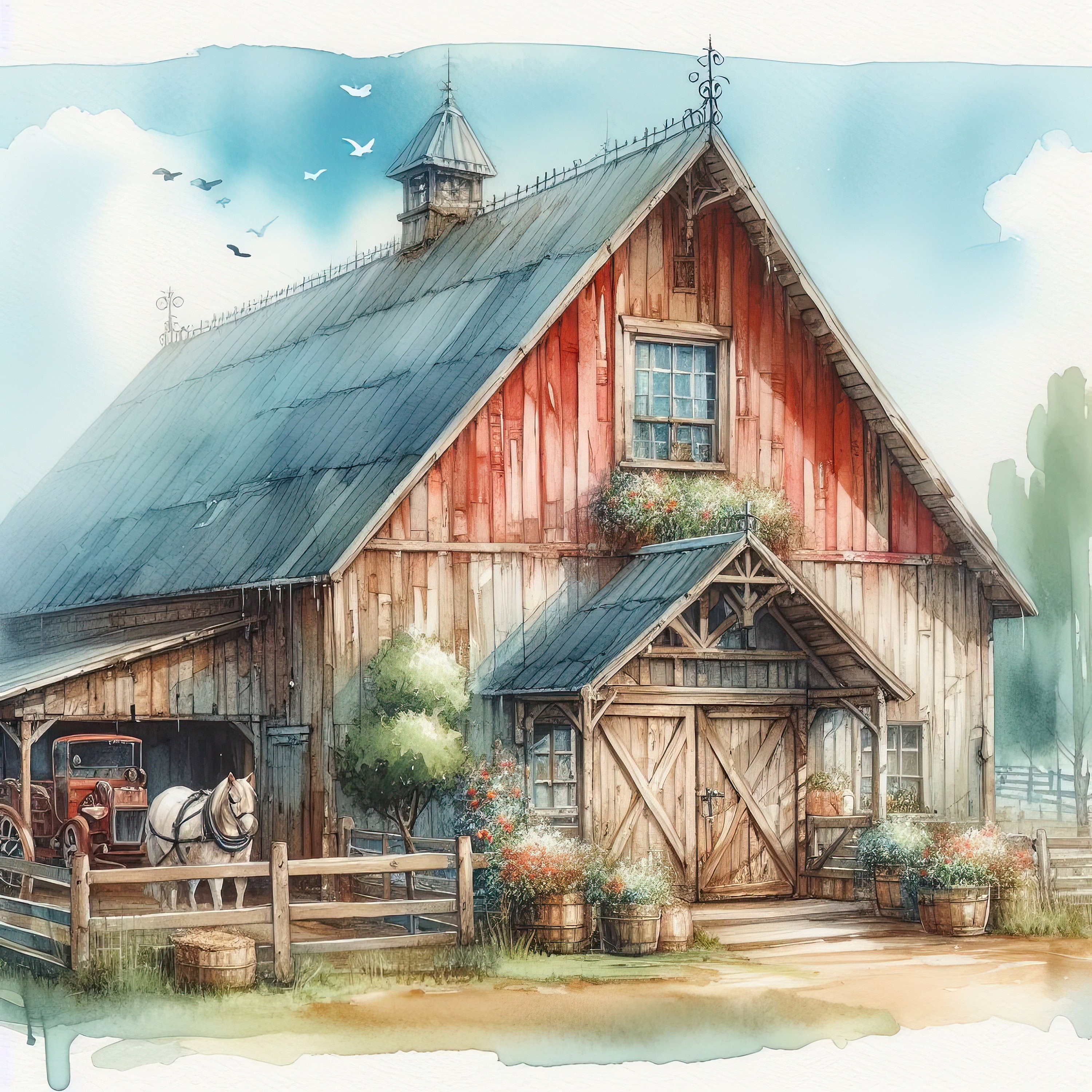 Watercolor Old Rustic Red Barn Clipart Bundle Vintage Clip Art Barn ...