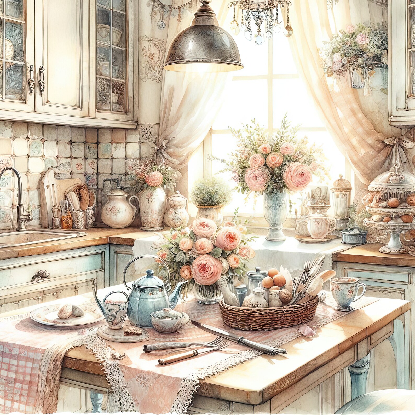 Watercolor Shabby Chic Kitchen Clipart Kitchen Counters Vintage Clip ...