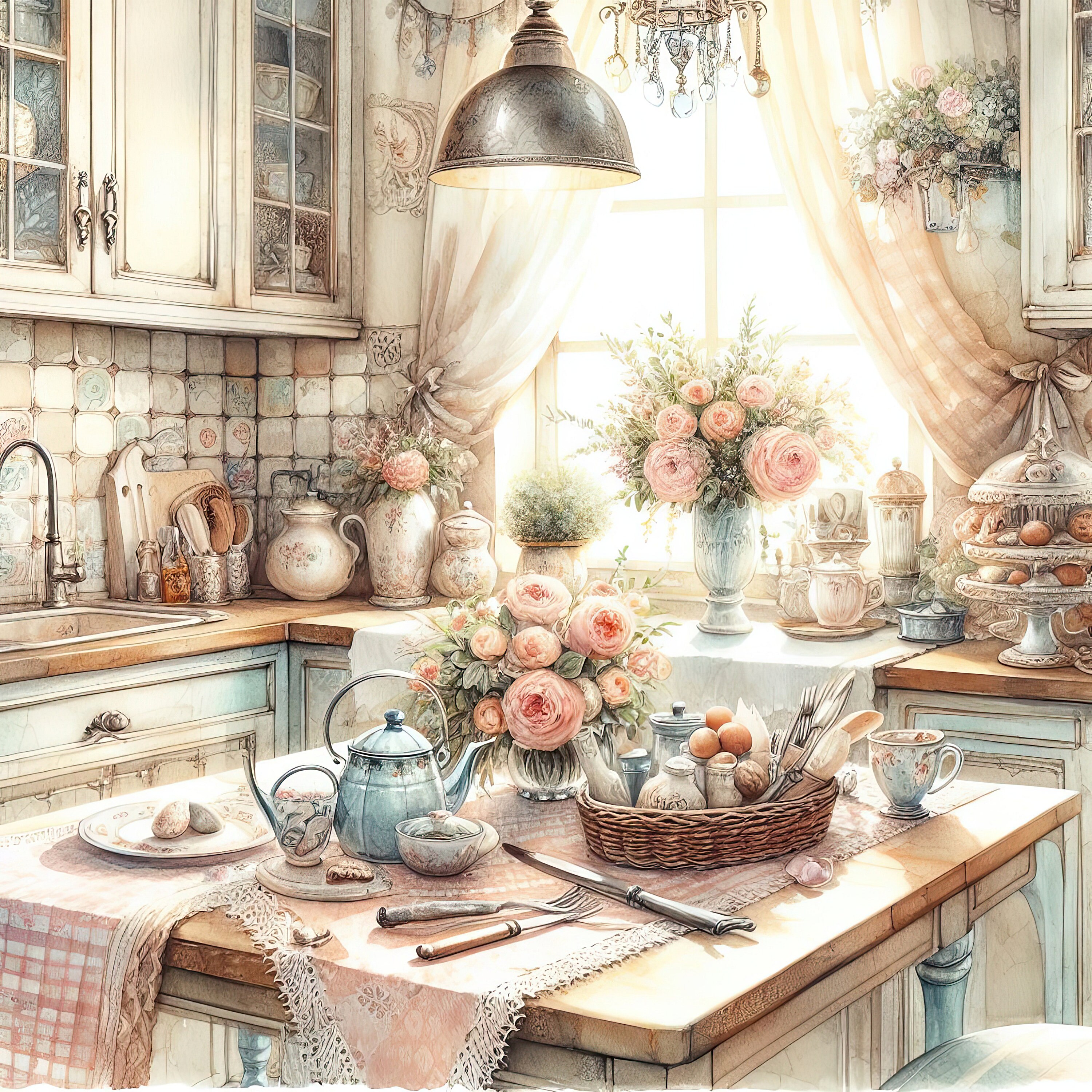 Watercolor Shabby Chic Kitchen Clipart Kitchen Counters Vintage Clip ...