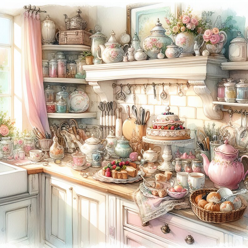 Watercolor Shabby Chic Kitchen Clipart Kitchen Counters Vintage Clip ...