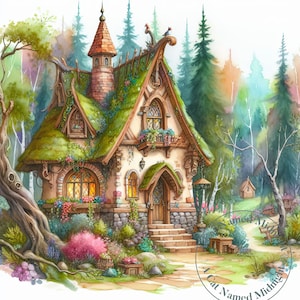Whimsical Cottages in the Woods Clipart Bundle 11 Fairy Tale Cottages Watercolor House Clip Art Images Downloadable Printable Wall Art