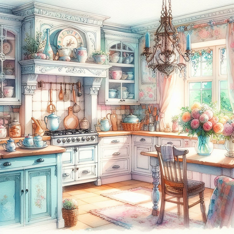 Watercolor Shabby Chic Sunny Kitchen Clipart Kitchen Vintage Clip Art ...