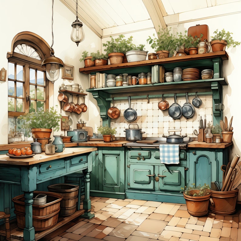 May include: A vintage kitchen with green cabinets, a farmhouse sink, and a wood countertop. The kitchen features a variety of pots and pans hanging from the ceiling, as well as a collection of plants and herbs.