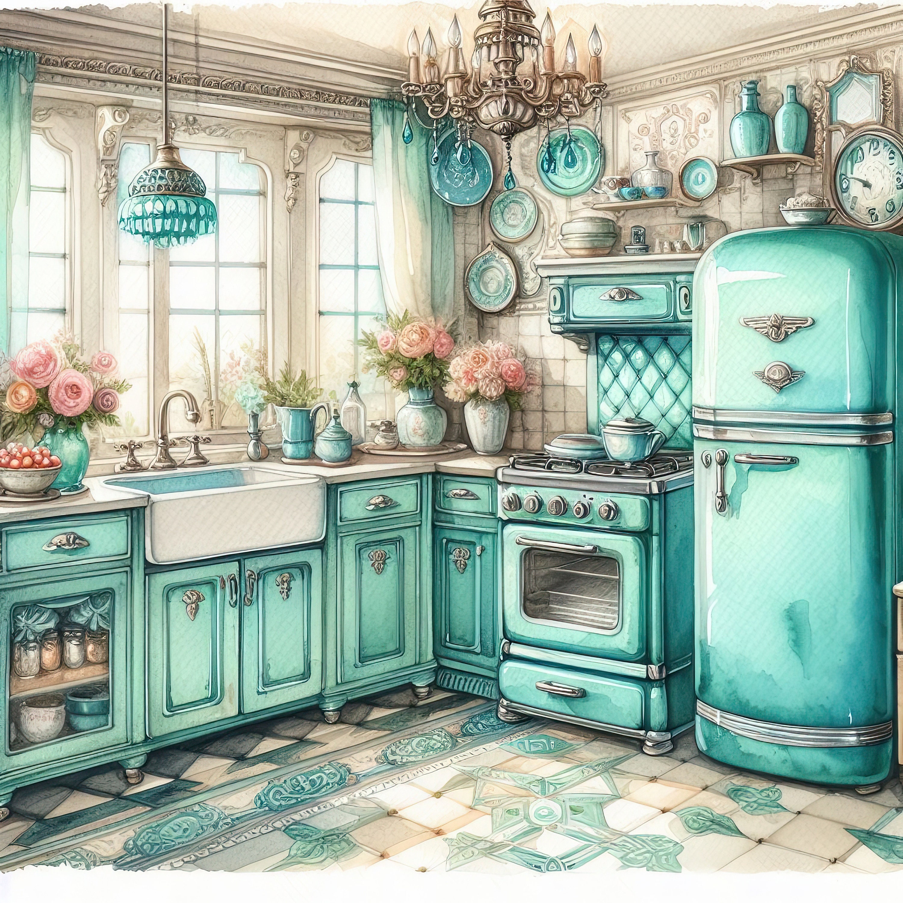 Watercolor Shabby Chic Kitchen Clipart Turquoise Kitchen Vintage Clip ...