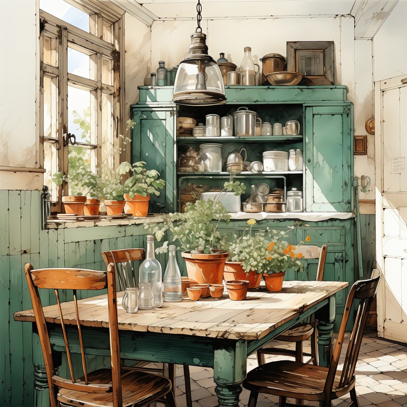 May include: A vintage kitchen with a green cabinet filled with glassware and a wooden table with four chairs. The table is set with a vase of flowers and a pitcher of water. There are plants in pots on the windowsill.