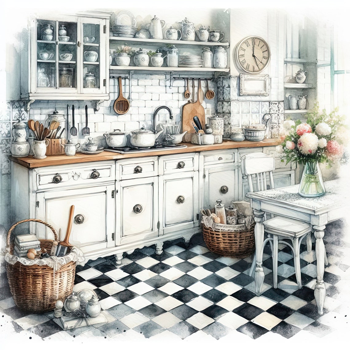 Watercolor Shabby Chic Kitchen Clipart French Kitchen Vintage Clip Art ...