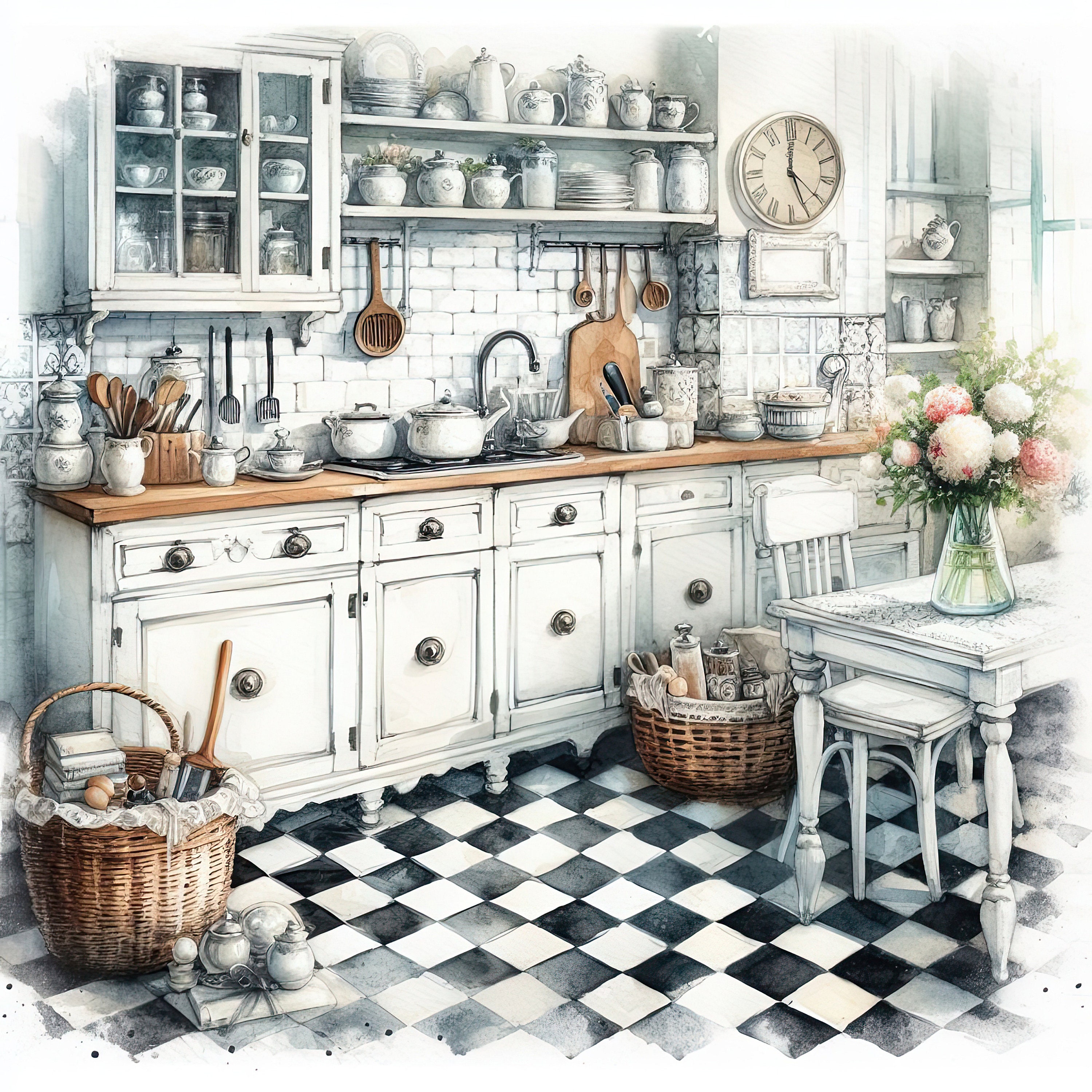 Watercolor Shabby Chic Kitchen Clipart French Kitchen Vintage Clip Art ...