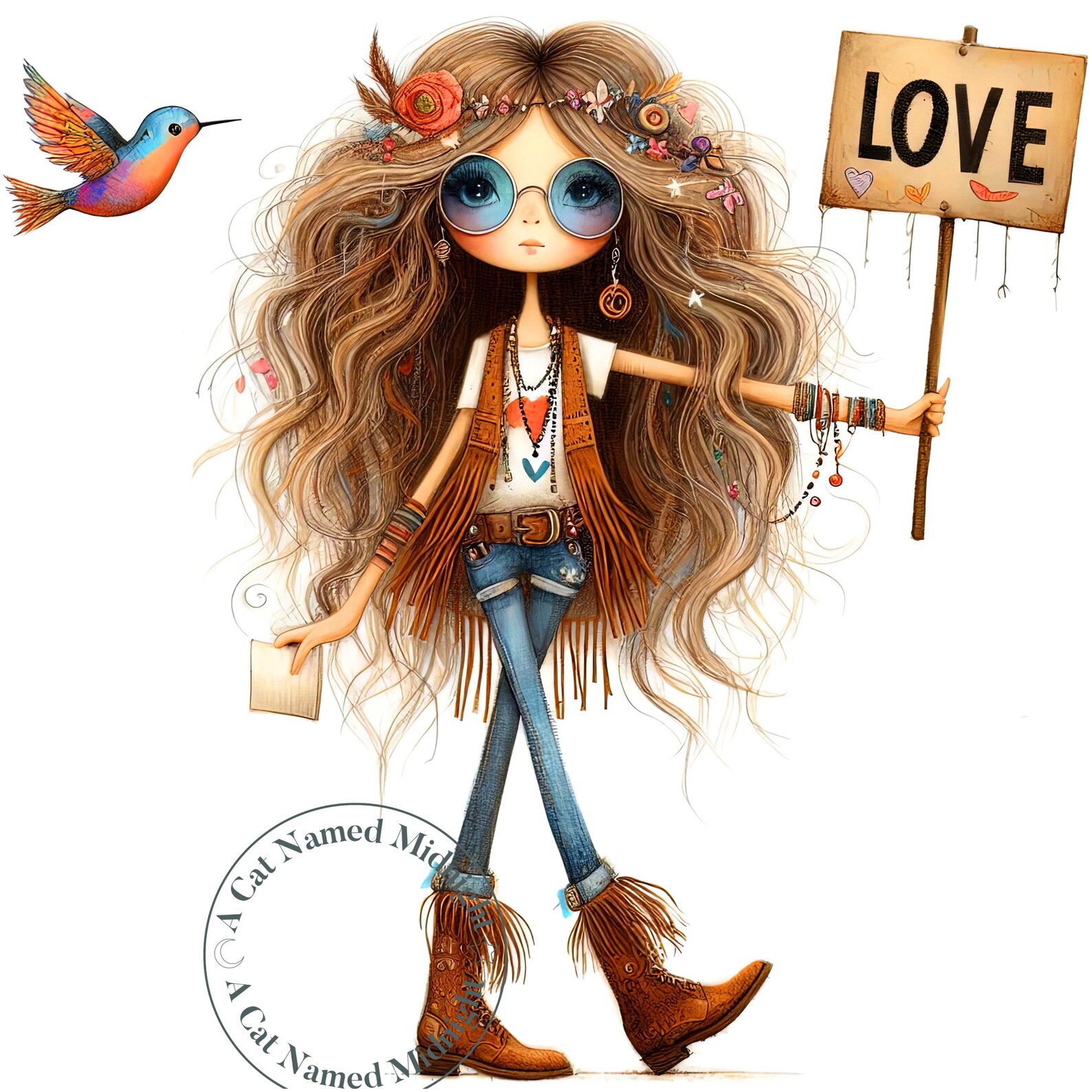 Whimsy Hippy Quirky Hippy Girl Clipart 11 JPG Whimsical Watercolor Clip Art Woman ...