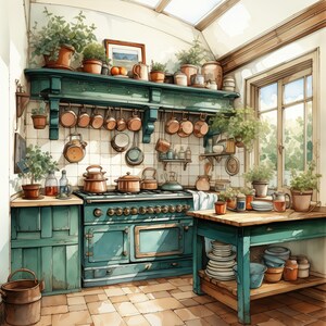 May include: A vintage kitchen with a green and blue stove, a wooden table with a white and blue patterned tablecloth, and a variety of plants and pots.